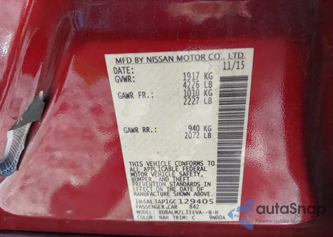 2016 Nissan Altima 2.5 Sv from USA, damaged, VIN 1N4AL3AP1GC129405